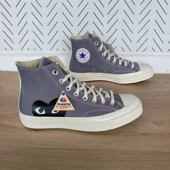 Comme Des Garçons Play Hearts Converse Chuck 70 Hi Women Shoes 10.5 Gray 171847C - Picture 3 of 11